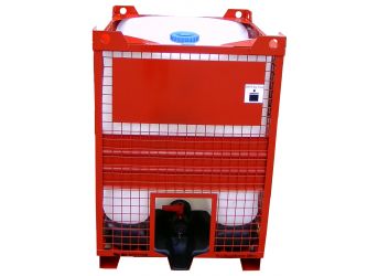  	IBC 1065 Liter/Kunststofftank KT 1065 Liter  - Natur - Einfüllöffnung NW 150 - Auslauf NW 50 - Viton-Dichtung - in Gitterbox rot (pulverbeschichtet) 